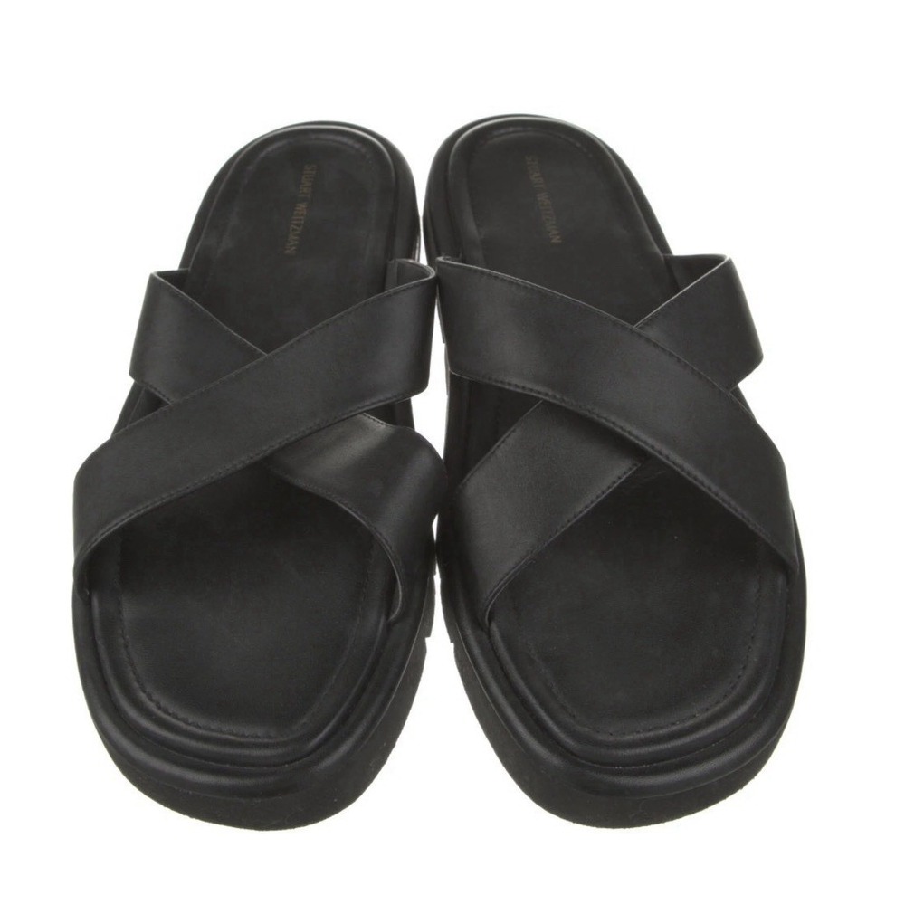 Stuart Weitzman‎ Women's 8.5 Black Slide Sandals Crisscross Strap Leather 175$